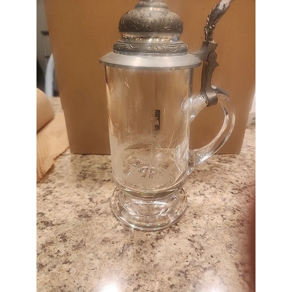 Vintage Crystal Glass Beer Stein‎ Pine Trees Etching Pewter Lid No Name